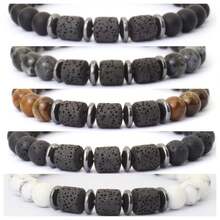 8mm Natural Stone Barrel Bead Elastic Bracelet, Natural Yellow Tiger Eye/Flame Stone/White Turquoise Inlaid With Black Onyx Spacer, Wear-Resistant Durable Non-Fading, Versatile Style For Men And Women, Couple Style - Multicolor - View 2