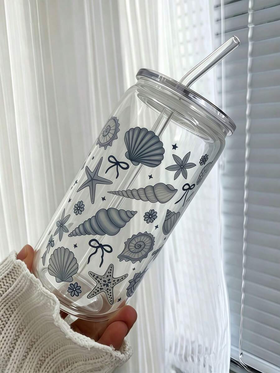 Ocean Shell Iced Matcha Coffee Glass Straw Cup, Can-Shaped Cola Straw Cup, Matcha Straw Cup With Lid - Multicolor - View 1