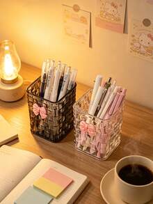 2pcs/1pc Ins Luxury Woven Square Pen Holder With Cute Bow Decoration, Student Desk Organizer, Office Large Capacity Pen Holder, Makeup Brush Holder, Multi-Function Storage Container - Rectangle - View 8