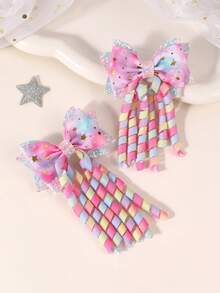 2 buah Jepit Rambut Pita Grosgrain Motif Bintang Pelangi untuk Anak Perempuan, Pinggiran Perak, Hiasan Rumbai Keriting, Jepit Rambut Buaya, Jepit Rambut Lucu dan Manis untuk Sehari-hari, Aksesori Rambut Remaja - MultiWarna - View 4