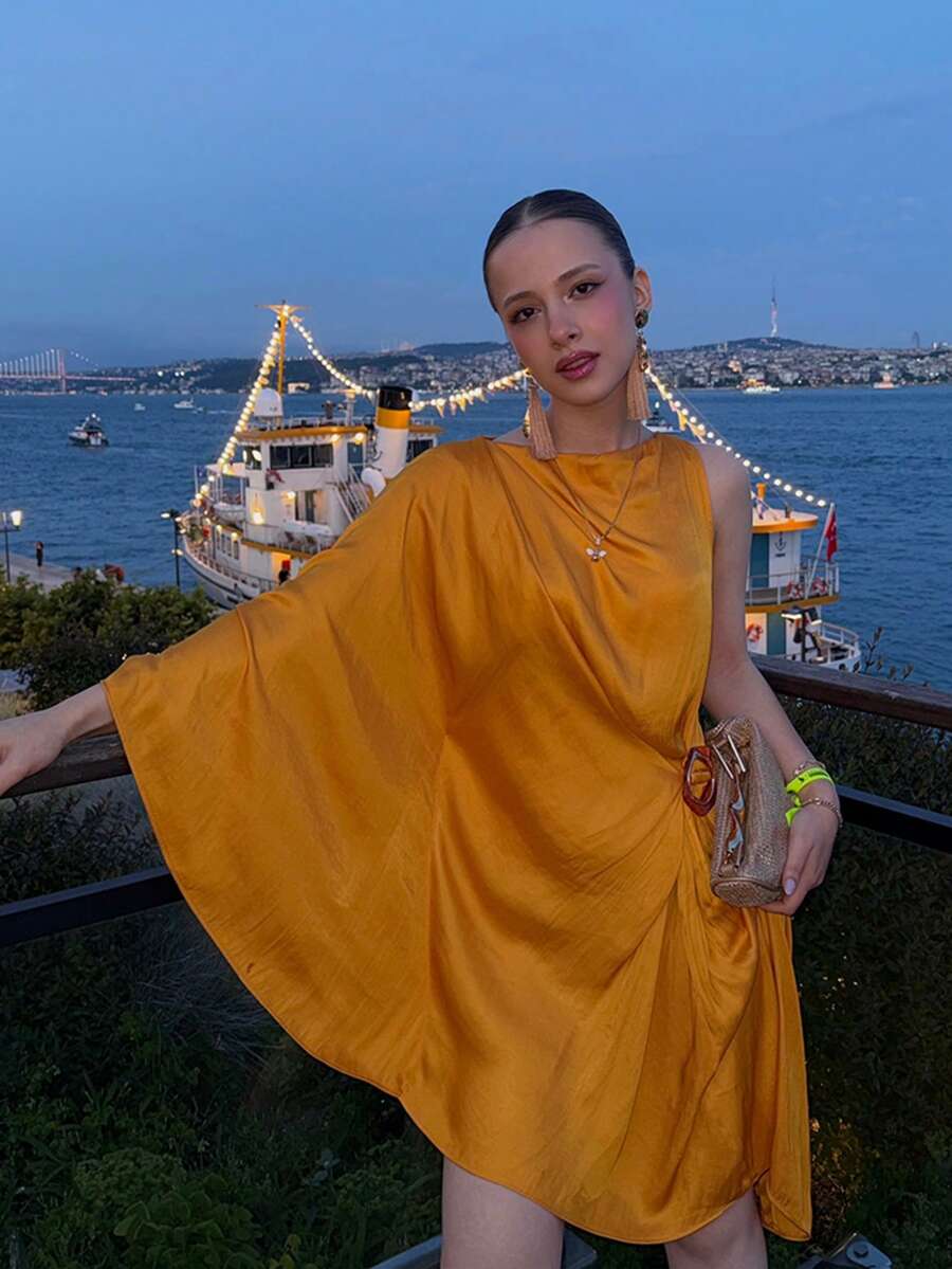 秋季金黃色緞面奢華優雅女款洋裝,百褶單肩設計,度假派對禮服,舞會正式穿著,適合婚禮賓客、海灘性感度假 - 亮橙色 - 查看 1