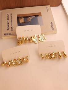 6/18pcs Asymmetrical Geometric C-Shape Floral Classic Earring Set, Fashionable CCB Earrings, Retro Chic Daily Wear Jewelry - Perfect Gift For Party, Date, Holiday - Gold - View 3