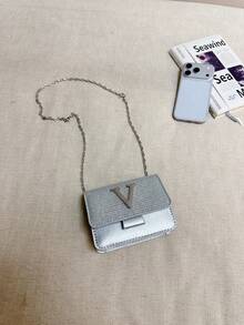 Bolso de hombro con cadena y solapa de lentejuelas súper mini minimalista - Plateado - Ver 5