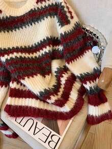 Women's Burgundy Stripe Knitted Drop Shoulder Sweater, Long Sleeve Round Neck Relaxed Fit Top For Winter And Fall Red - Red - View 10