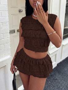 Spring/Summer Knit Lace Jacquard Ruched Crew Neck Top And Mini Skirt Set - Coffee Brown - View 2
