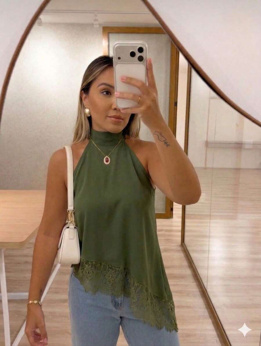 Women's Asymmetrical Cropped High Neck Halter Blouse With Lace Tie At The Neck - Boho Chic, Casual, Elegant, Autumn/Winter Fashion - 墨綠色 - 查看 1