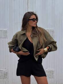 Women's Vintage Casual Streetwear Daily Solid Color Loose Open Front Zipper Jacket, Women's Jacket, Autumn/Winter Jacket - Army Green - View 2