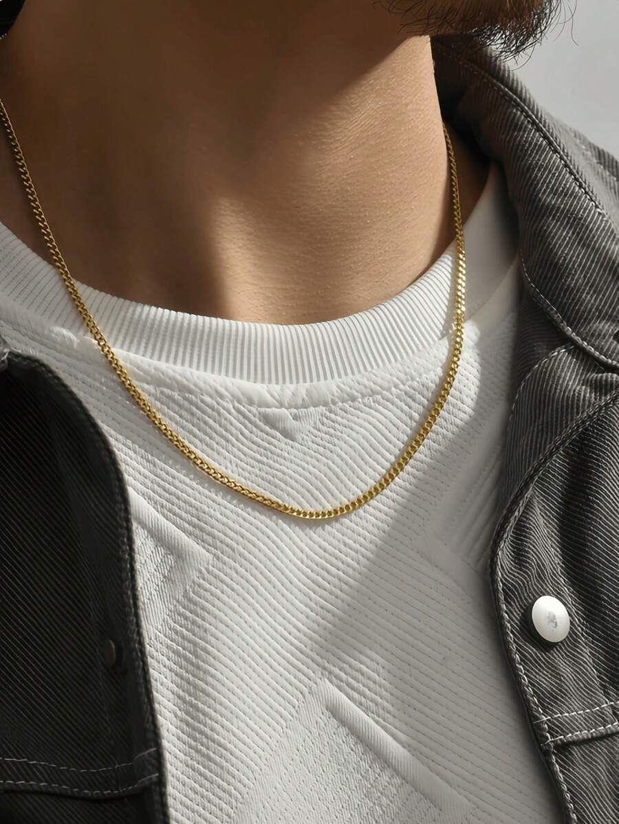 1 Stück vergoldete Miami Cuban Link Halskette, minimalistischer glatter Edelstahl Choker, Herren Alltags Streetstyle Layering exquisiter Halsschmuck Geschenk - Goldgelb - Übersicht 1