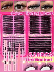 456/528/560/620/610/574 D捲度單段簇裝假睫毛書，大容量顯大眼妝容美睫，柔軟持久蓬鬆濃密簇裝睫毛套組/睫毛書，居家DIY，適合初學者，混款簇裝睫毛 - 玫紅色 - 查看 23