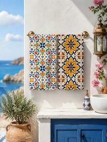 2pcs Bohemian Geometric Pattern Kitchen Hand Towels, Dish Cloths, Mediterranean Style, Kitchen Decor Towels, Home Decor Towels, Microfiber Material, Rectangular, 40*60 CM Digital Printed Pattern, Suitable For Daily Home Kitchen Decoration, Outdoor Party Event Decoration - Multicolor - View 6