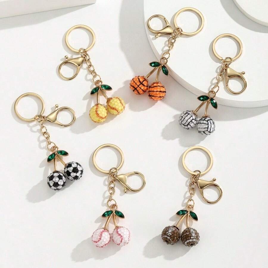 1Pc Daily Resin Sports Ball Cherry Keychain Soccer Basketball Baseball Tennis Rugby Bag Charm Pendant - Multicolor - View 1