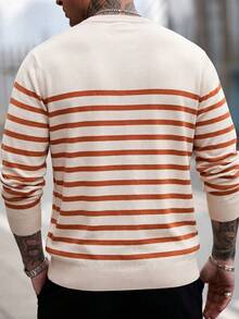 SU ER 1pc Men's Casual Striped Knit Sweater, Autumn/Winter - Burnt Orange - View 6