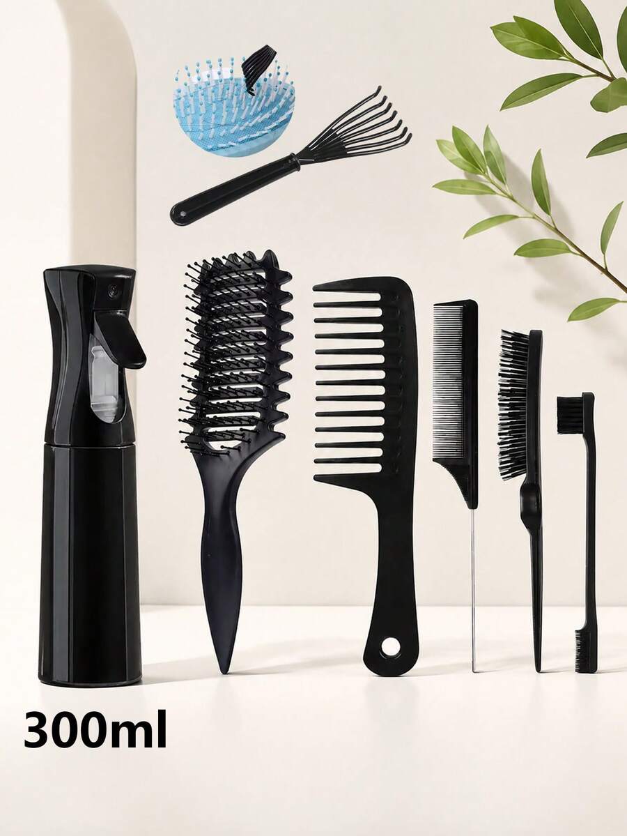 7件組專業美髮造型工具組 噴霧瓶 梳結梳 梳子組 頭皮按摩美髮工具 適用沙龍與居家使用 中性款 - 黑色美髮套裝 - 查看 1