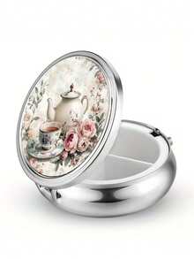 1pc Vintage Tea Party Pill Box, 3-Compartment Metal Mini Design, Teapot & Rose Elegant Pattern, Portable Storage, High-Quality Daily Medication Gift Box - Multicolor - View 8