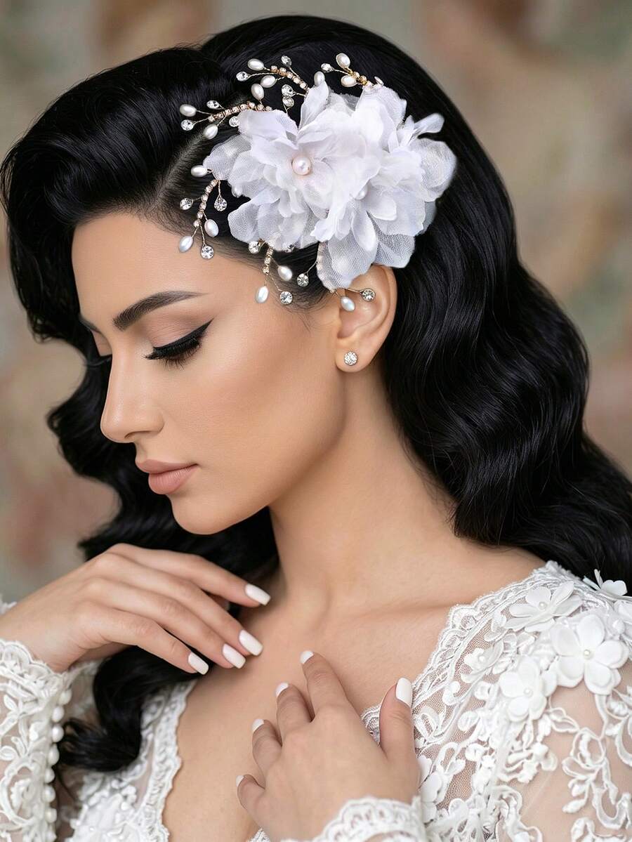 1pc White Floral Bridal Hair Clip Elegant Woman Headwear Hair Accessory Suitable For Weddings And Parties
