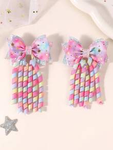 2 buah Jepit Rambut Pita Grosgrain Motif Bintang Pelangi untuk Anak Perempuan, Pinggiran Perak, Hiasan Rumbai Keriting, Jepit Rambut Buaya, Jepit Rambut Lucu dan Manis untuk Sehari-hari, Aksesori Rambut Remaja - MultiWarna - View 7