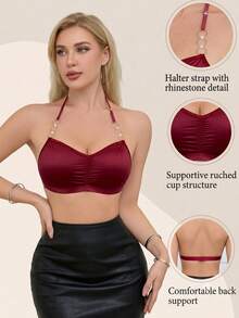Women's Solid Color Pleated Design Circular Ring Comfortable Bra (Padless) - Burgundy - View 8