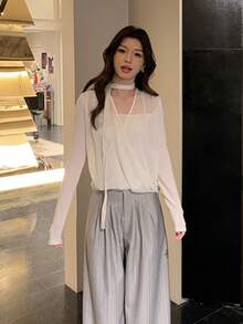 Y6Y Desain Musim Gugur Terbaru untuk Wanita, Kaos Leher Halter Jala Berlapis Model Drape 2 In 1 Lengan Panjang, Warna Putih - Putih - View 5