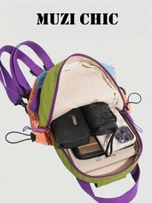 Color-Blocked Nylon Backpack, Multi-Colored Drawstringstylish Patchwork For Teenagers And Students, Suitable For School Commuting And Daily Outings. - Multicolor - View 2