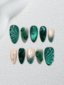 10片法式綠色貓眼美甲貼，手工杏仁形穿戴甲，Y2K復古風，3D葉子、蝴蝶與水滴裝飾，DIY壓克力假指甲，適用於美甲沙龍、女孩與女性日常美甲、節日派對及禮品美甲用品 - 彩色 - 查看 2