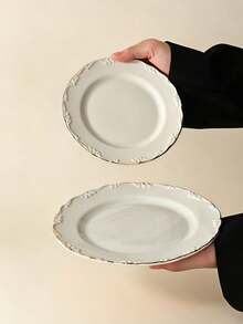 White Embossed Gold Rim Ceramic Dinnerware Set, Vintage Wavy Edge Porcelain Dessert Salad Cheese Serving Plate, Elegant Tableware, Suitable For Wedding Party Brunch Cold Platter Appetizer - Multicolor - View 4