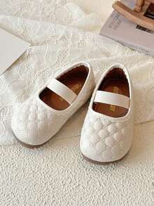 1 Pair Girls' Diamond Quilted Embroidered Mary Jane Shoes, Soft Sole Anti-Slip Princess Leather Shoes - Beige - View 5