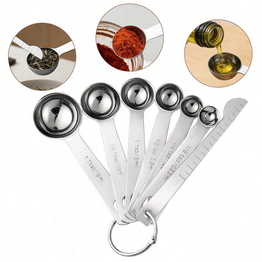 5/6/7pcs Stainless Steel Measuring Spoon Set, Heavy Duty Dry & Wet Ingredient Measuring Spoons And Leveling Tool, With Metric And Imperial Markings, Kitchen Gadget For Liquids, Solids And Powders, With Portable Hanging Hook - - - View 1