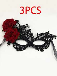 Black Lace Red Rose Masquerade Mask Hair Accessory, Suitable For Bridal Wedding, Bachelorette Party, Halloween Decoration - Black - View 6