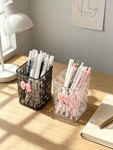 2pcs/1pc Ins Luxury Woven Square Pen Holder With Cute Bow Decoration, Student Desk Organizer, Office Large Capacity Pen Holder, Makeup Brush Holder, Multi-Function Storage Container - Rectangle - View 13