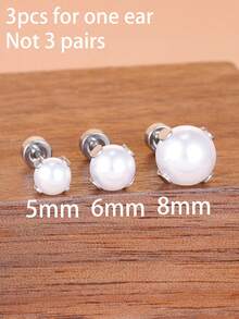 3PCS Elegant Stainless Steel Round Pearl Spiral Stud Earrings Sets For Woman Cartilage Piercing Jewelry - 3PCS-silver - View 4