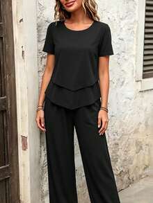 Plus Size Women Solid Color Round Neck Short Sleeve Double Layer Hem Top And Straight Leg Wide Leg Pants Casual 2-Piece Set, Loose And Black Elegant - Black - View 3