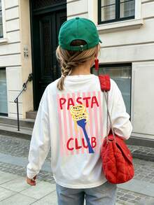 Girls Pasta Club Graphic Long Sleeve T-Shirt Casual Crewneck Loose Fit Daily Tee - White - View 8