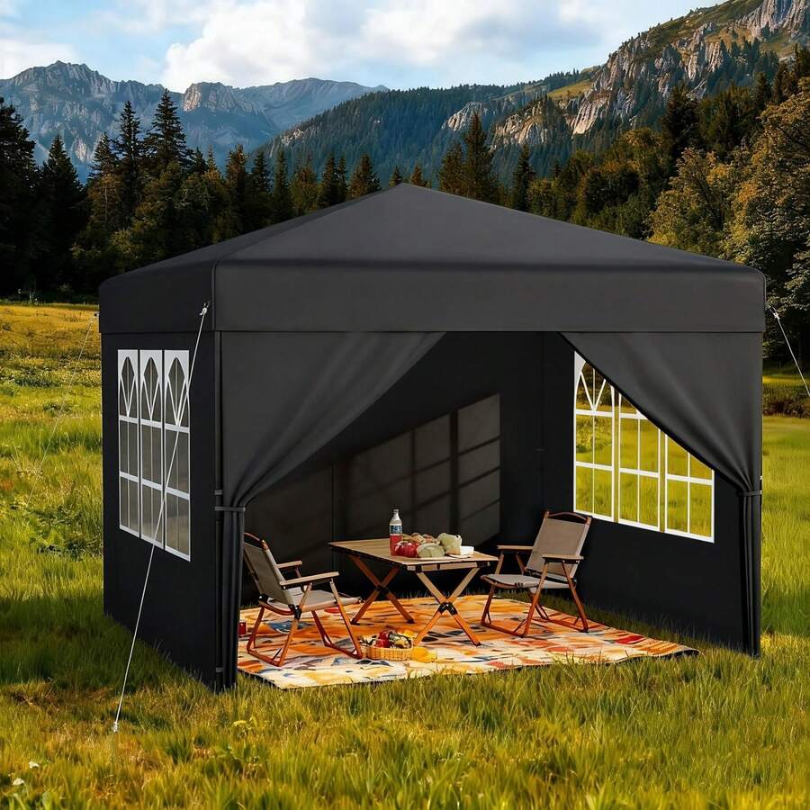 2.5x2.5m / 3x3m Pop Up Gazebo, Waterproof Winterproof Stable Folding Canopy With UV Protection & 4 Side Panels, Height Adjustable 240–260cm, Outdoor Party Tent For Garden, Camping, Wedding & Patio - Black - View 1