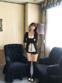 Korean Style Minimalist Tie-Up Tummy-Covering Colorblock Patchwork Ruffle Long Sleeve T-Shirt Top For Women - Black - View 2