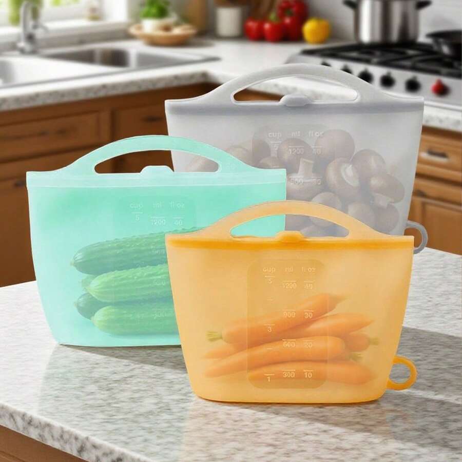 1200ml Silicone Reusable Storage Bags, 1/2/4pcs, Airtight Freezer Bags For Fruits, Vegetables, Meat, Food Storage And Organization, With Measurement Scale - Pink - View 1
