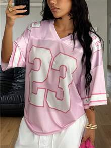FIFA Loose V-Neck T-Shirt With Cute Y2K Summer Streetwear Graphic And Digital Pattern, Suitable For Men And Women - Pink - View 2