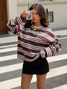 SDNGED Women's Casual Top, Striped Color Block Ribbed Fabric, Everyday Wear, Spring/Autumn - Blue-brown Wide Stripes - View 11