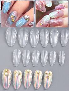 120片3D美人魚造型美甲延伸貼片，杏仁形美甲印章，提供12種不同尺寸的全覆蓋，適用於居家或美甲沙龍塗抹指甲油 - 無色 - 查看 3