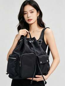 Mochila de viaje de gran capacidad con múltiples bolsillos estilo coreano de nicho, bolso de hombro ligero y versátil con cordón - Negro - Ver 3