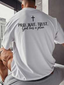Camiseta de hombre con estampado religioso en la espalda - Azul Marino "Ruega, espera, confía, Dios tiene un plan". Corte holgado, talla grande, manga larga, estilo Y2K, camiseta con diseño - Blanco - Ver 1