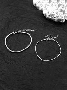 2pcs Minimalist Plain Chain Stainless Steel Couple Snake Chain Bracelet Set, Unisex Valentine's Day Bracelet, Suitable For Daily Commute And Versatile Accessory - Silver - View 3