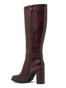 Bottes Hautes In Cuir Lisse à Talon Épais – L'Élégance Graphique Moderne - Wine - View 3