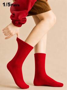 CLIMPRESSION 1/5 Pairs UNISEX Women Men ELOATESHICS Fine Wavy Pattern Autumn Winter Red Holiday Socks Couple Socks Short Crew Mid-Calf Socks - Red - View 4