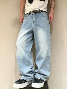 Loose-Fit Jeans Men's Streetwear Denim Pants, Loose Fit Cotton Denim Jeans With Pocket Design, Loose Fit Digital Print Cargo Style Light Color Denim Pants, Streetwear Y2K Style Best Friend Series - Light Wash - View 5