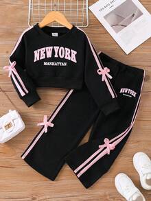 Toddler Letter Print Bowknot Decor Crew Neck Sweatshirt And Straight Leg Pants - Black - View 1