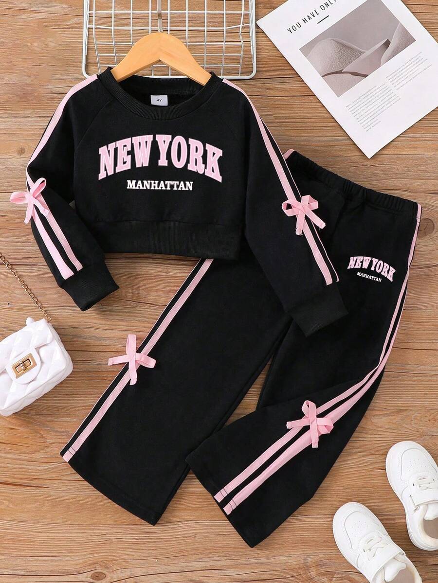 Toddler Letter Print Bowknot Decor Crew Neck Sweatshirt And Straight Leg Pants - Black - View 1