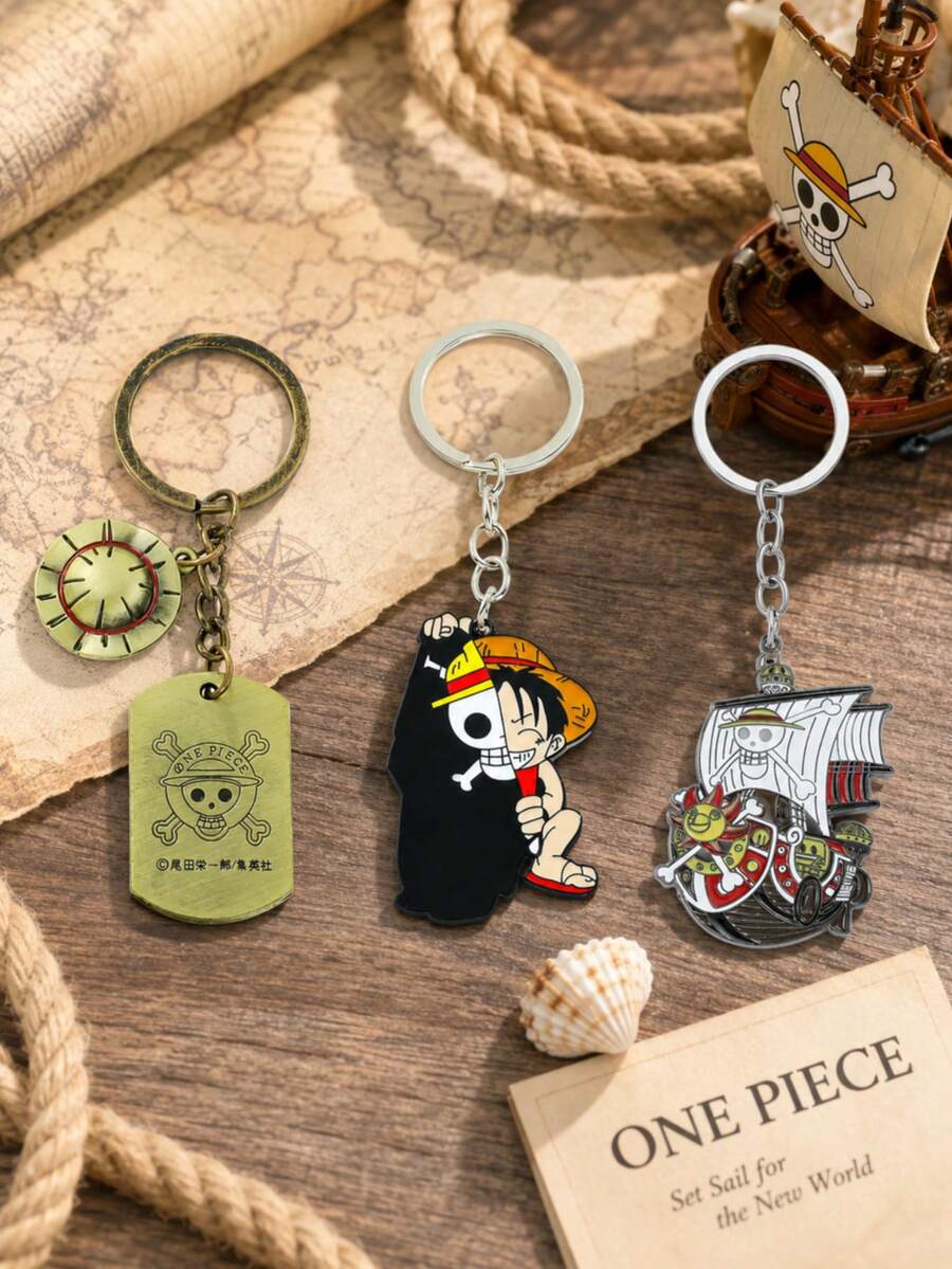 3pcs Anime One Piece Metal Enamel Keychain Luffy Straw Hat Dog Tag Thousand Sunny Ship Pendant Key Ring Cosplay Accessories Gift For Anime Fans