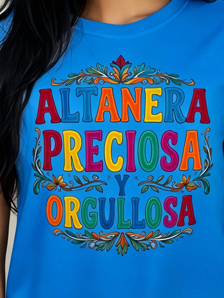 Colorful Women's T-Shirt "Proud, Beautiful, And Authentic" With Mexican-Inspired Design, White, Casual Wear For Celebrations And Festivals. 2D Women's T-Shirt - 藍色 - 查看 1