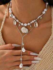 1 buah Kalung Berlapis Kerang & Mutiara Desain Bohemian Liburan Musim Panas untuk Wanita, Cocok untuk Pemakaian Sehari-hari & Pesta - MultiWarna - View 5