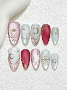 10pcs Handmade Nail Art Stickers, DIY French Manicure Set, Medium Almond-Shaped Nail Strips, Embedded 3D Sparkling Rhinestones, Golden Starry Sky Design, Classic Full Coverage Style, Reusable, Suitable For Women And Fashionable Girls For Dates, Parties. Daily Manicure Supplies, Girl Gifts, Holiday Party Gifts, Manicure Set, Nail Art, Nail Supplies, Holiday Travel Matching. Nail Art DIY, Nail Supplies. Nails - Multicolor - View 1